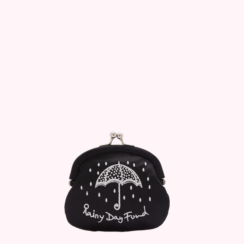 Black satin coin purse with embroidered umbrella and "Rainy Day Fund" text.
