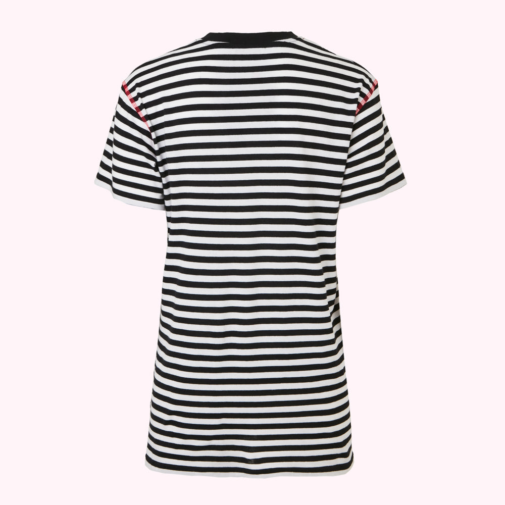 Black and white horizontally striped t-shirt dress, viewed from the back.